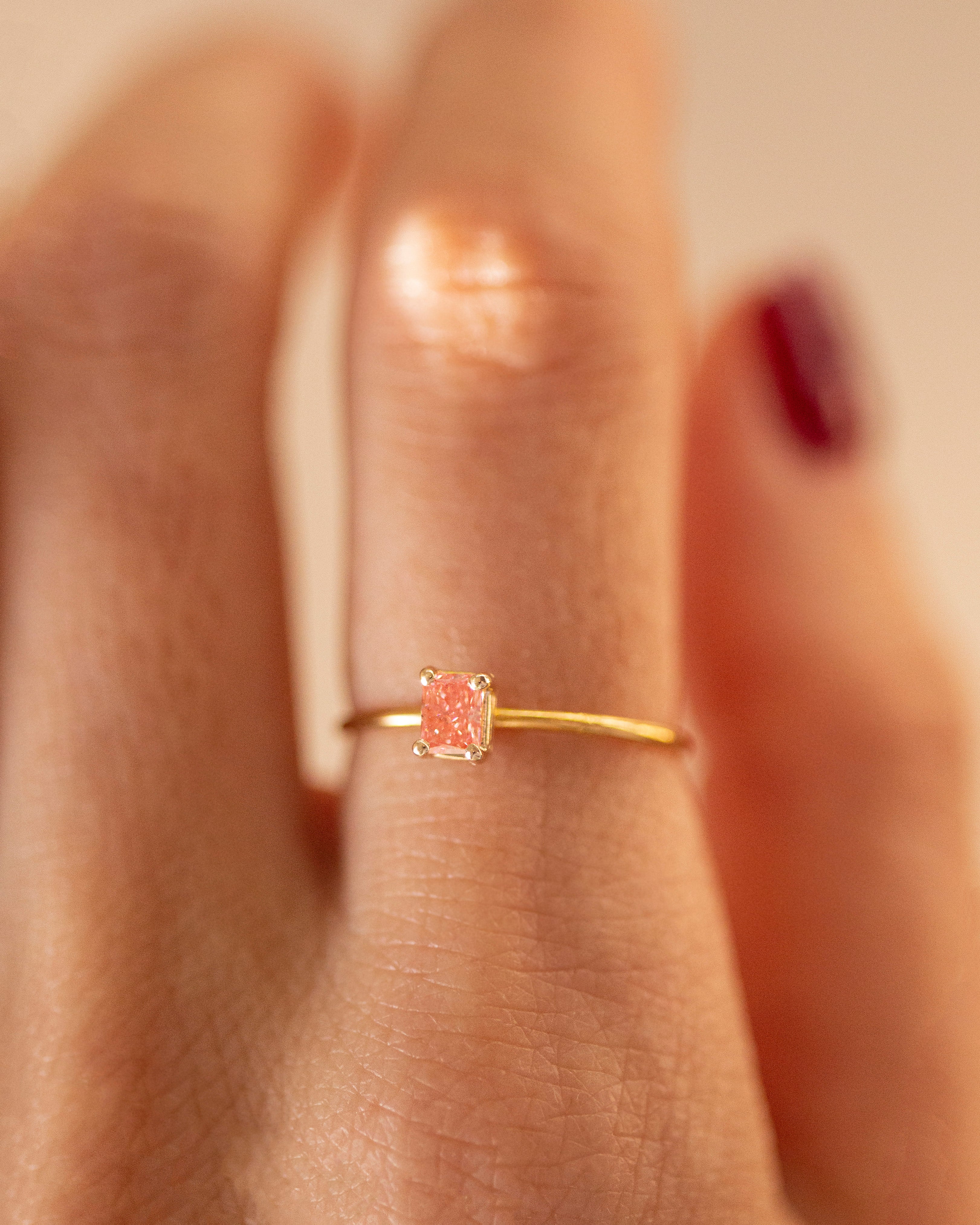 0.25ct Dainty Pink Lab Diamond Ring, Fancy Vivid Pink, 14k Gold Thin Band, Radiant Oval Emerald Cut Stacking Ring, Minimalist Promise Ring - Image 3