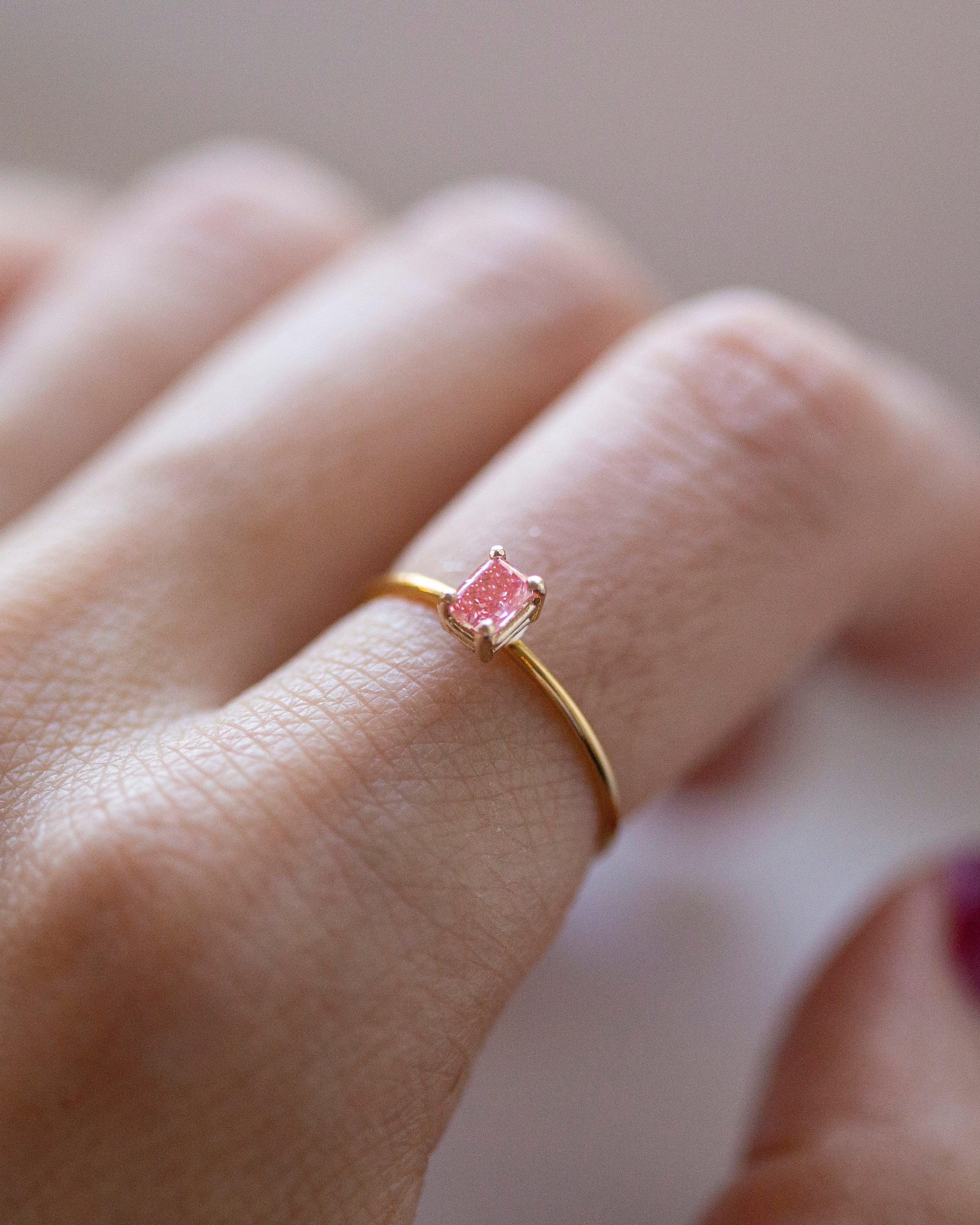 0.25ct Dainty Pink Lab Diamond Ring, Fancy Vivid Pink, 14k Gold Thin Band, Radiant Oval Emerald Cut Stacking Ring, Minimalist Promise Ring - Image 4