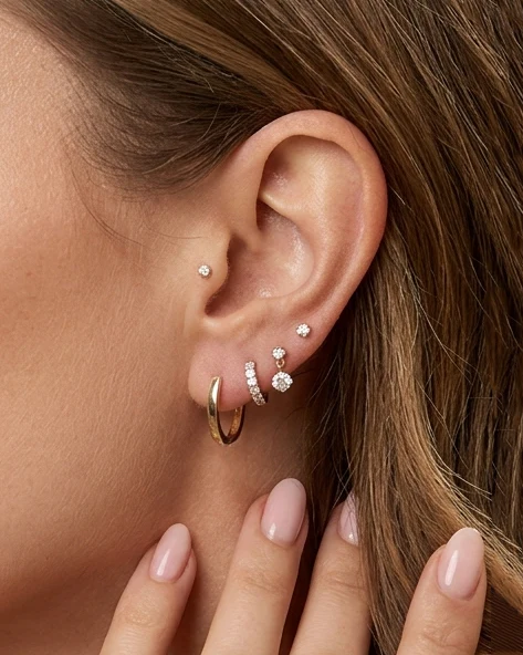 14k Double CZ dangle Ear Stud for Cartilage with flat back
