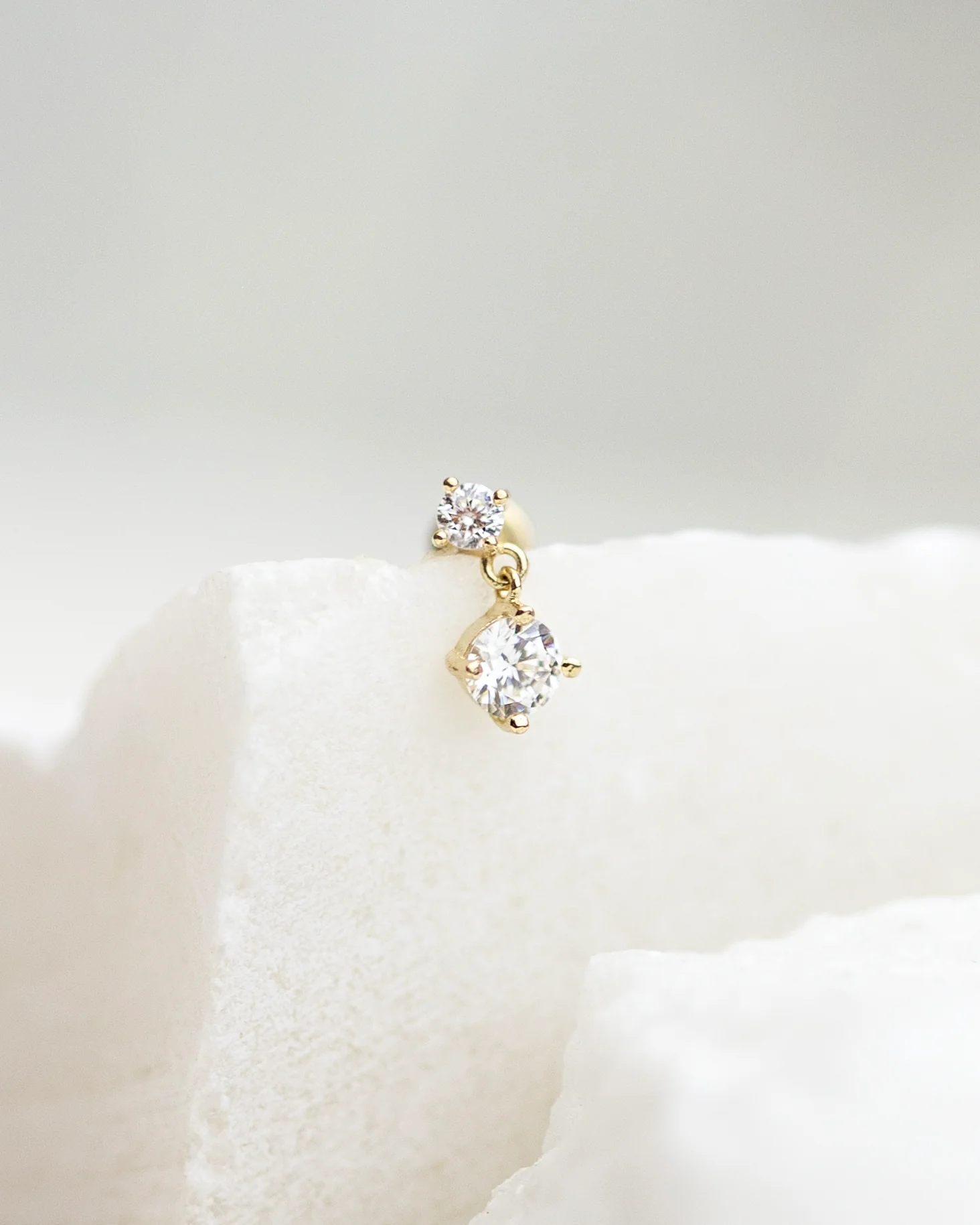 14k Double CZ dangle Ear Stud for Cartilage with flat back - Image 5