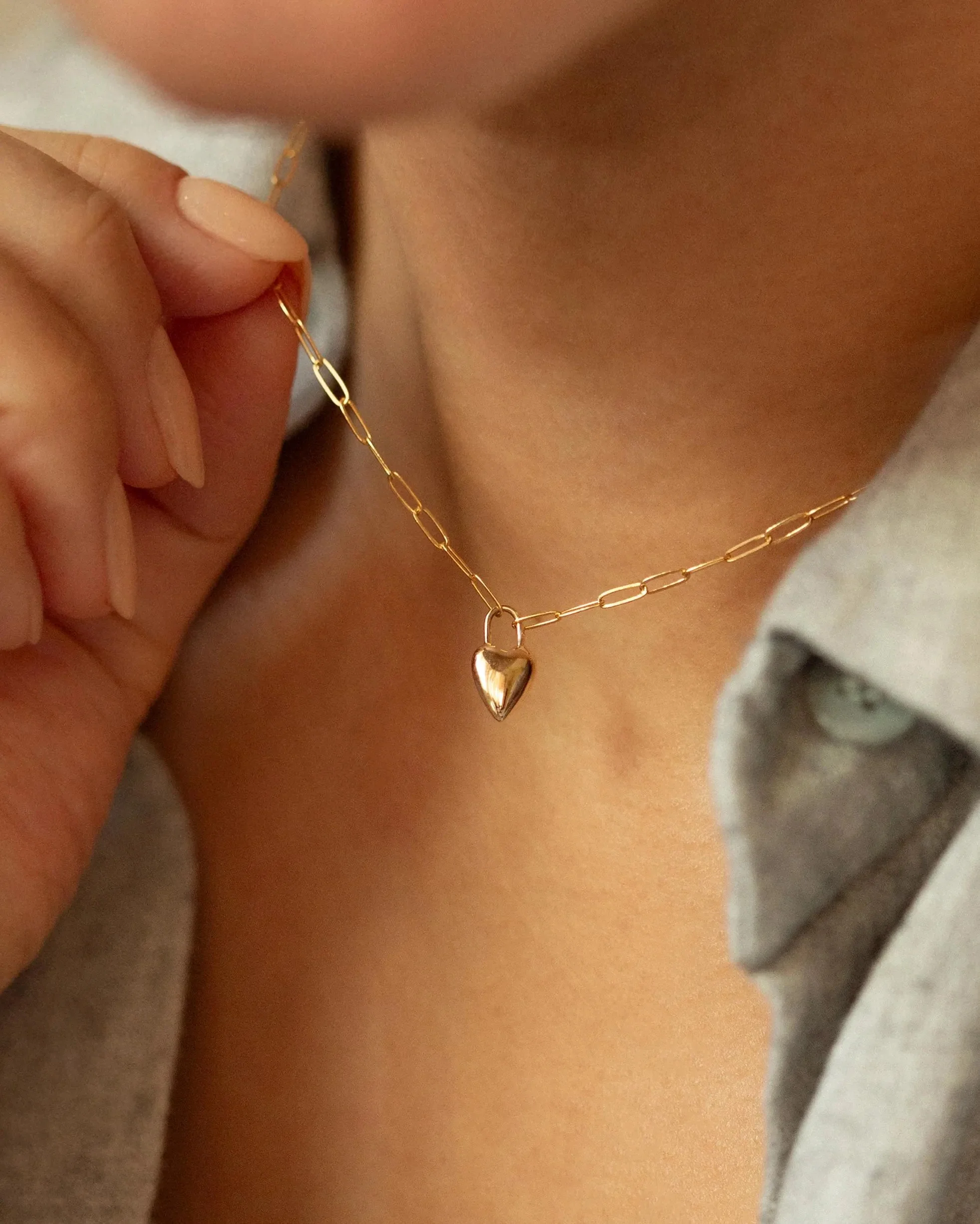 14k Gold Heart Necklace on Dainty Paperclip Chain - Image 2
