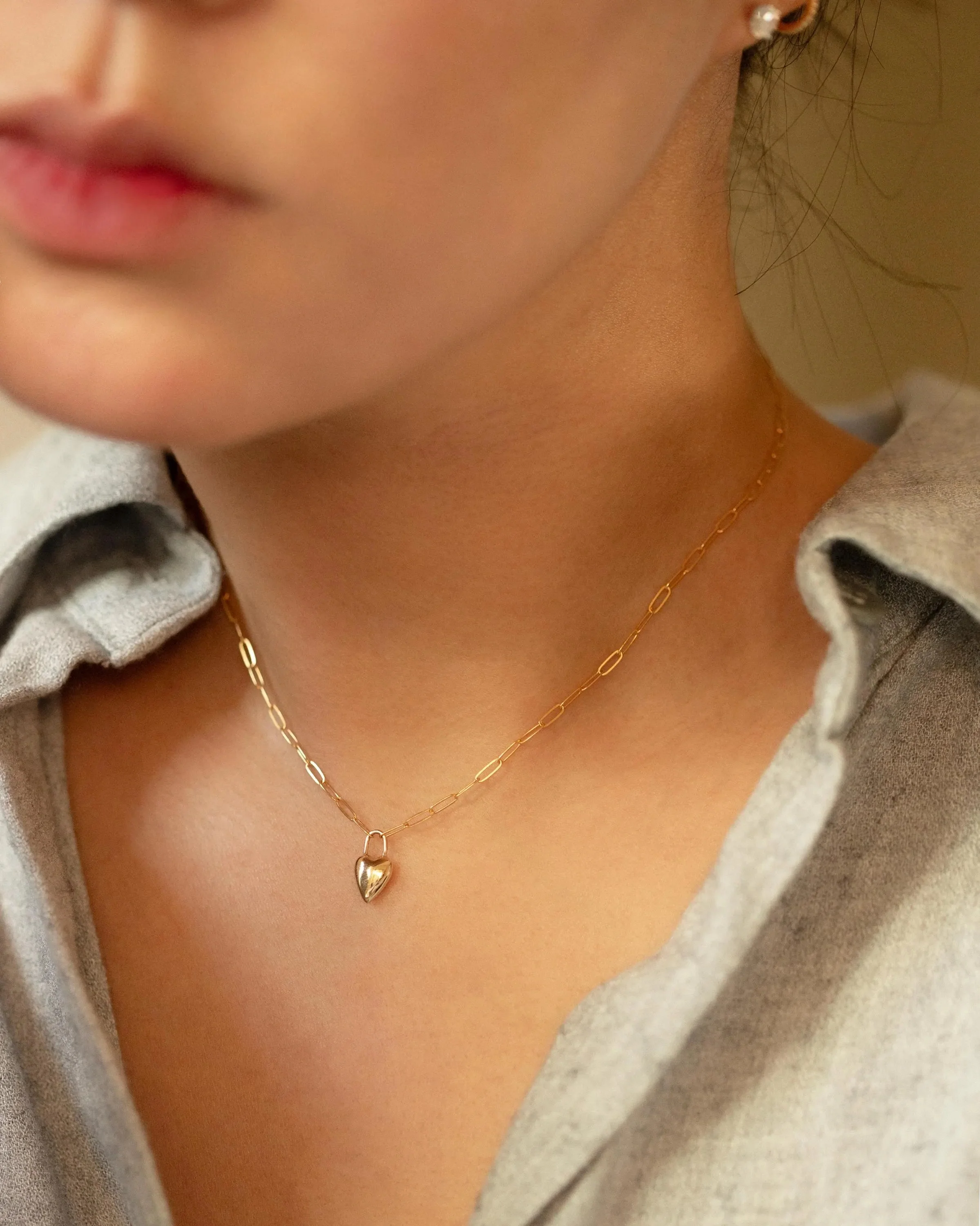 14k Gold Heart Necklace on Dainty Paperclip Chain - Image 3