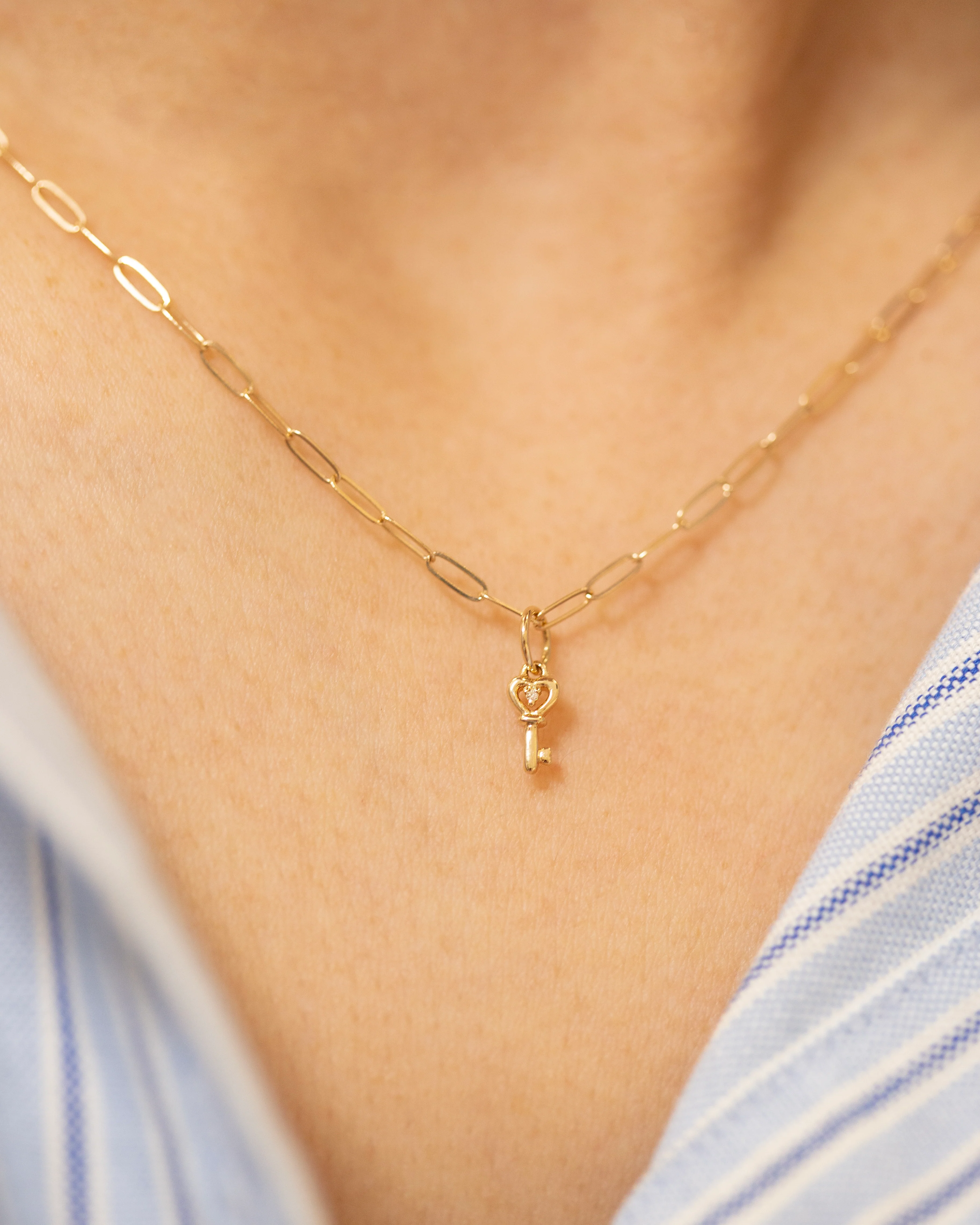 14K Gold Paperclip Chain Necklace with Diamond Key Charm