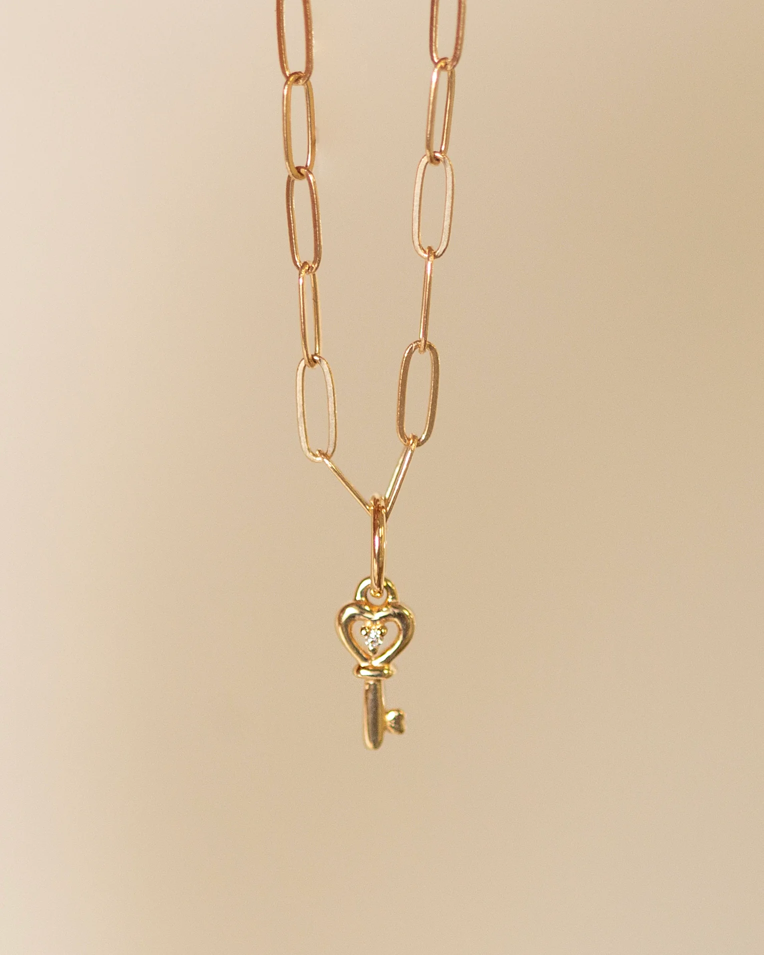14K Gold Paperclip Chain Necklace with Diamond Key Charm - Image 2