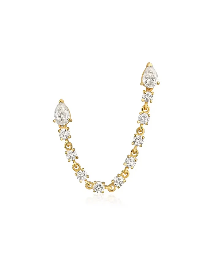 14K Gold Pear Diamond Double Piercing Chain Loop Earring