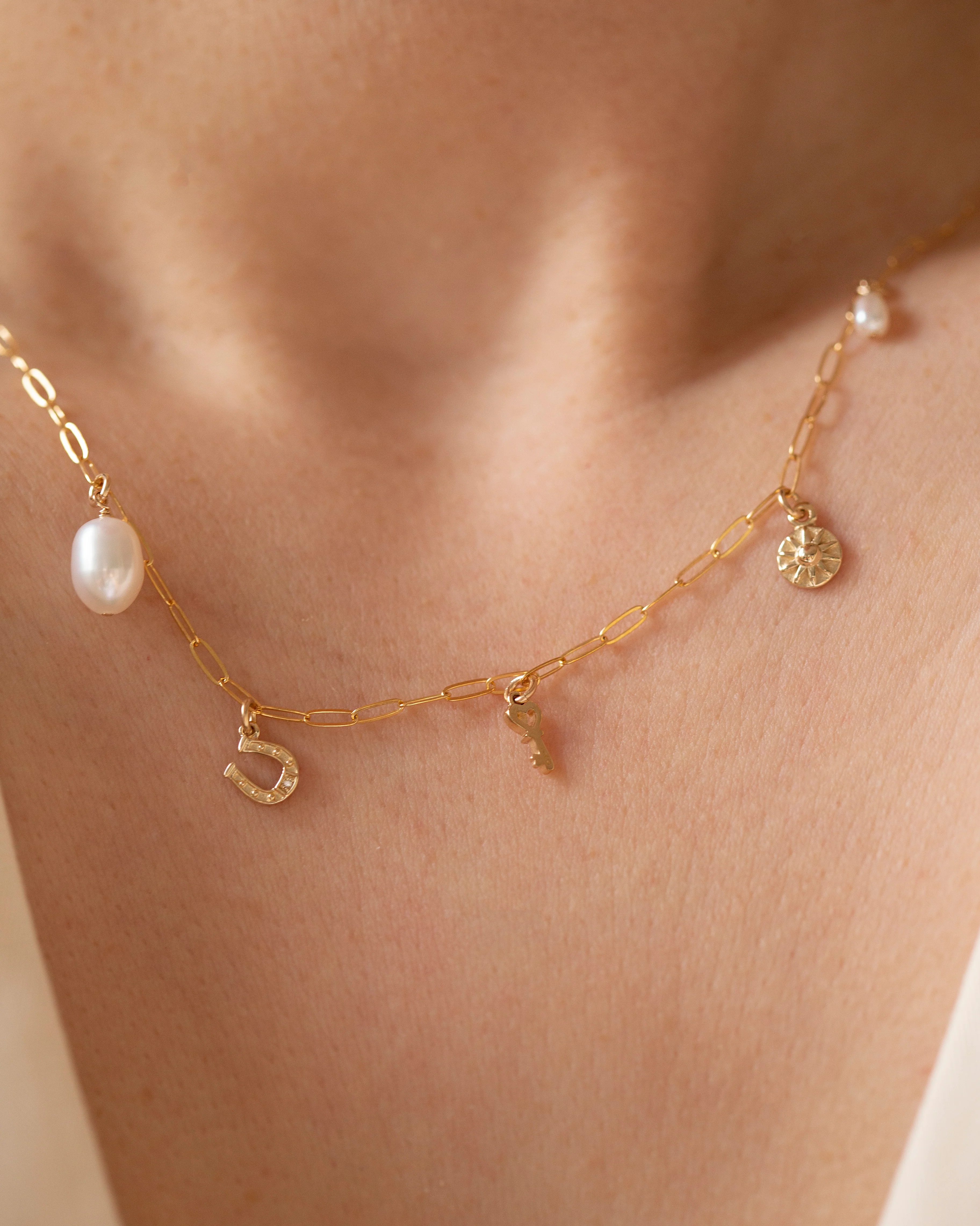 14k Solid gold Mini Charm Necklace on Dainty Paper Clip Chain / Charm Necklace