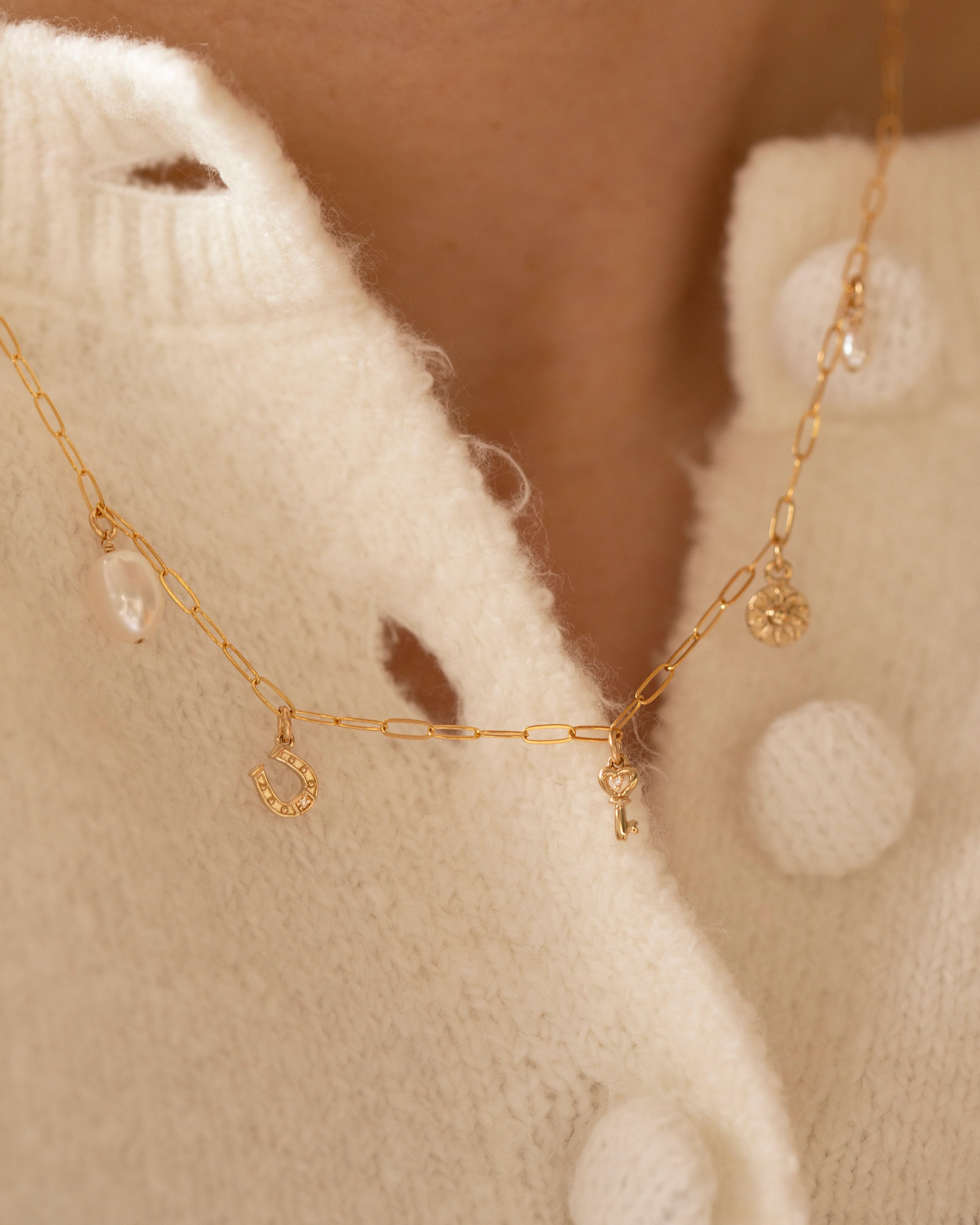 14k Solid gold Mini Charm Necklace on Dainty Paper Clip Chain / Charm Necklace - Image 3