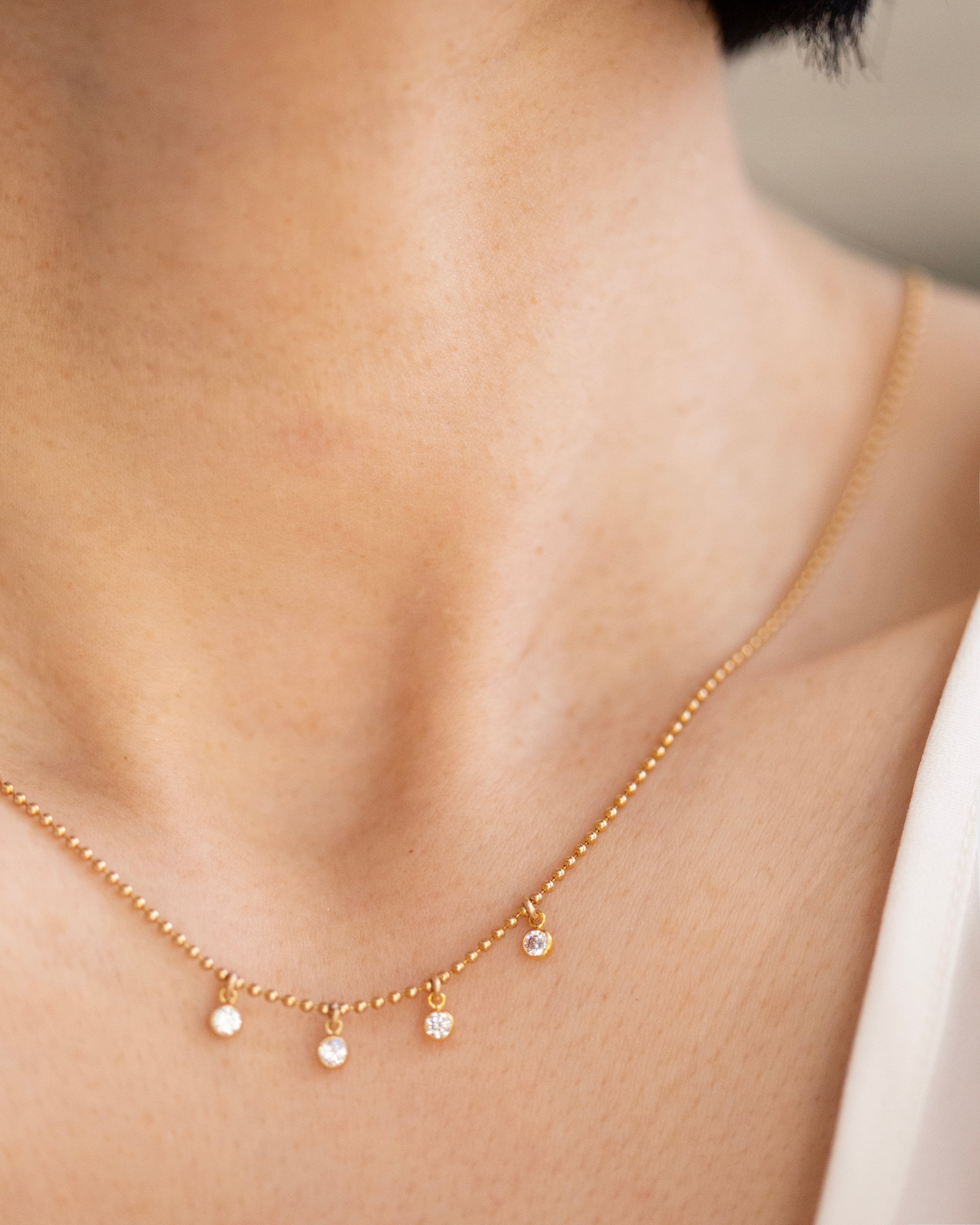 4 Diamond Drop Necklace on a Dainty Gold Filled Ball Chain