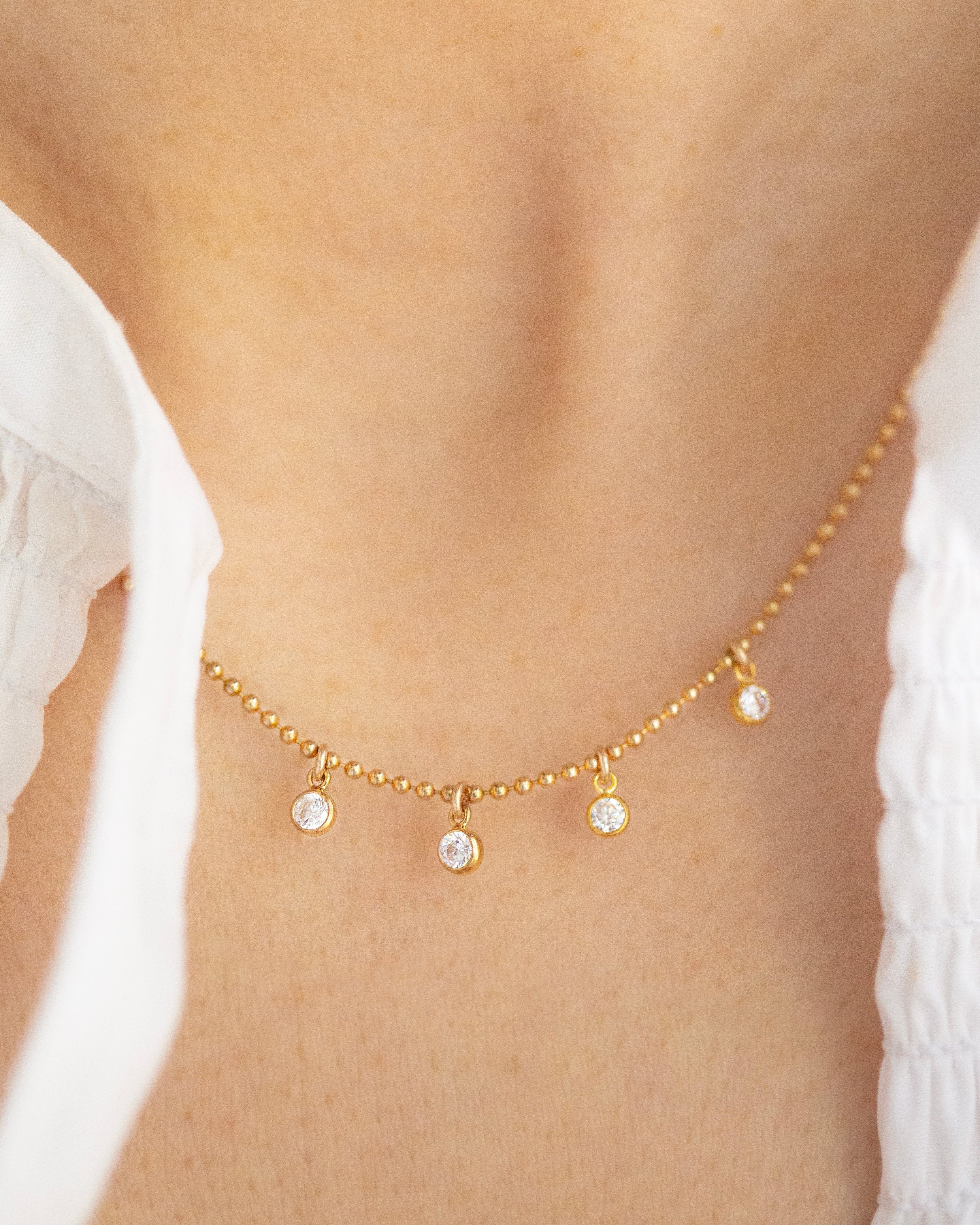 4 Diamond Drop Necklace on a Dainty Gold Filled Ball Chain - Image 3