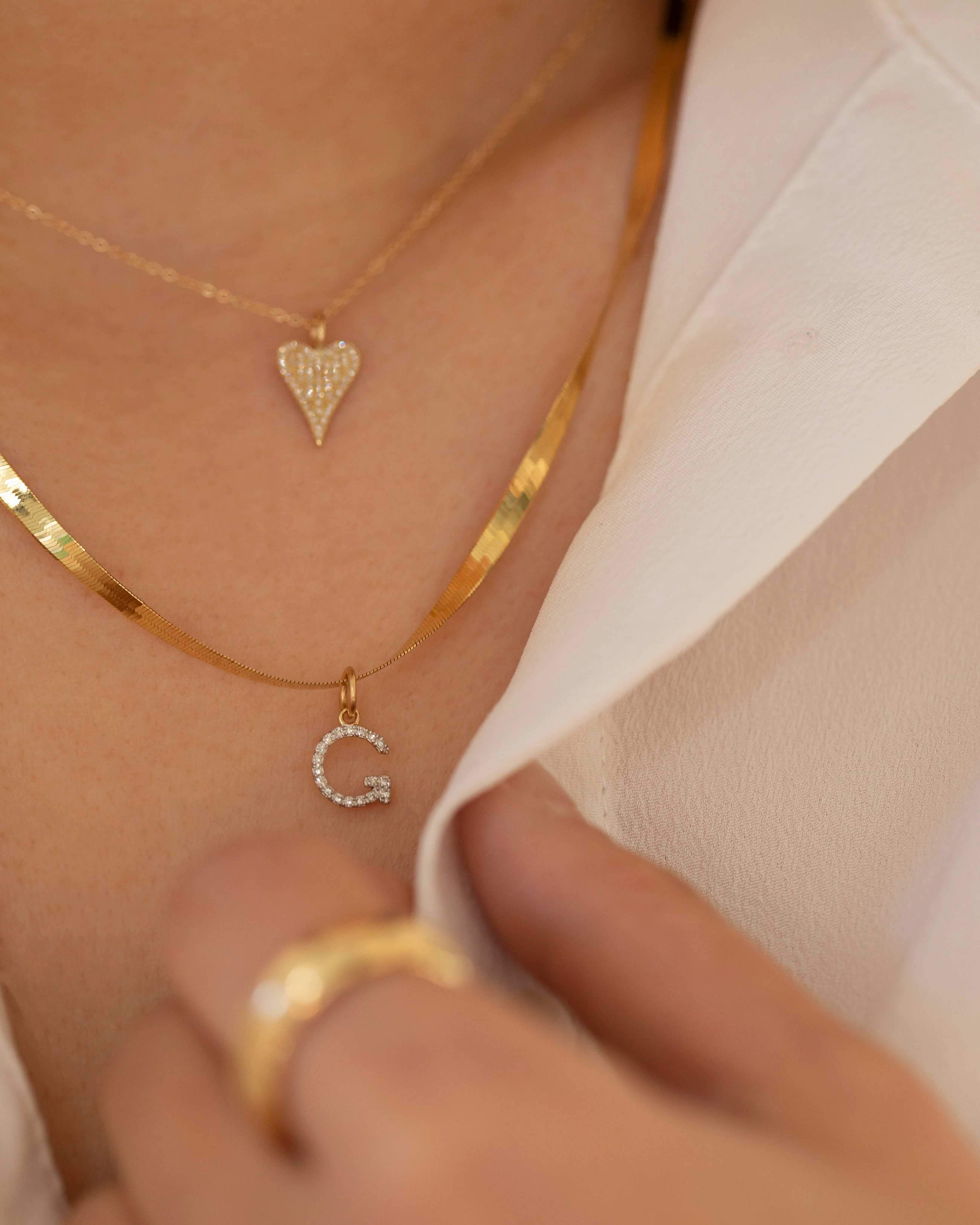 Genuine Diamond Initial on 14k Herringbone Chain Necklace - Image 2