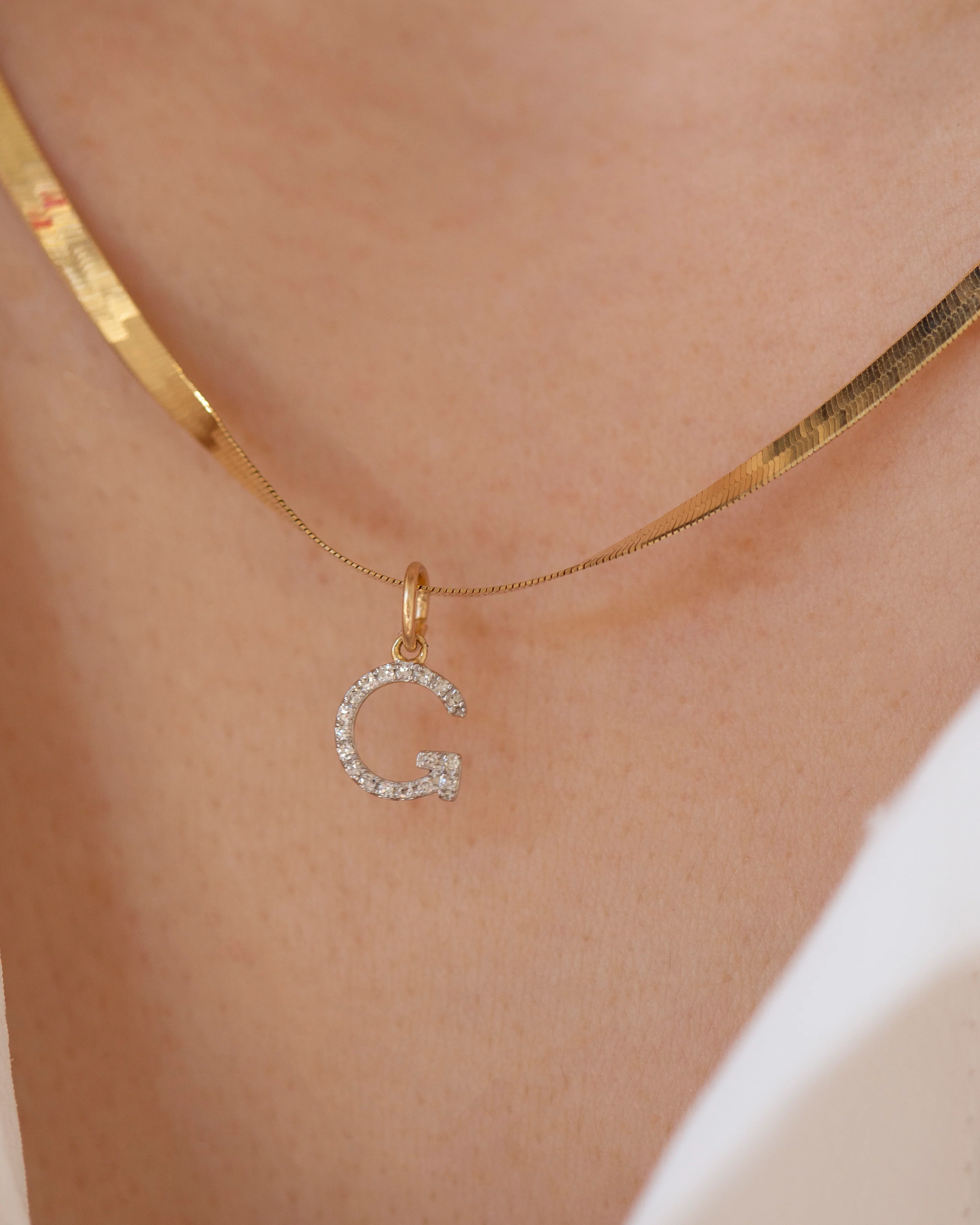 Genuine Diamond Initial on 14k Herringbone Chain Necklace - Image 7