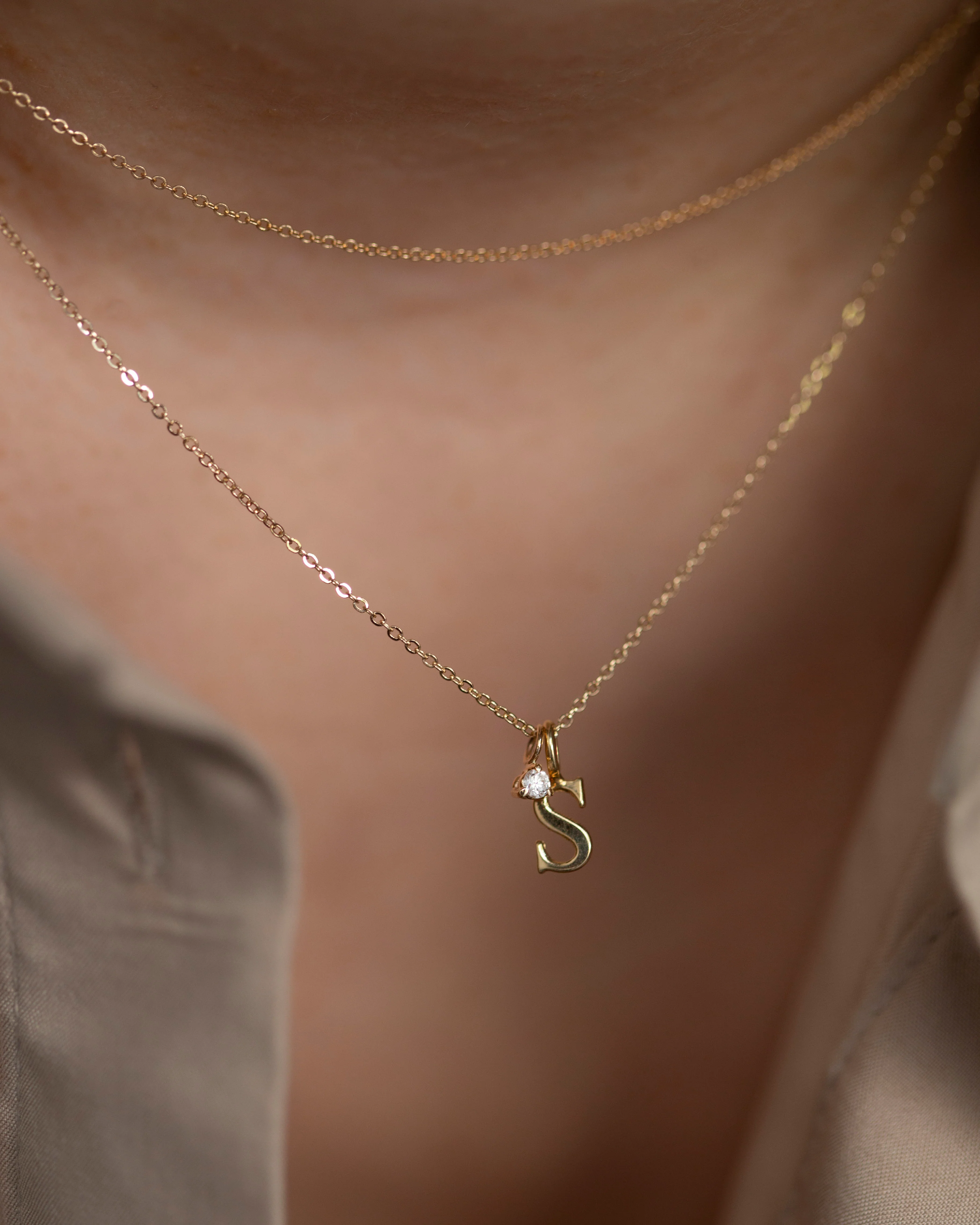 Initial Charm with Baby Diamond Solitaire Necklace - Image 2