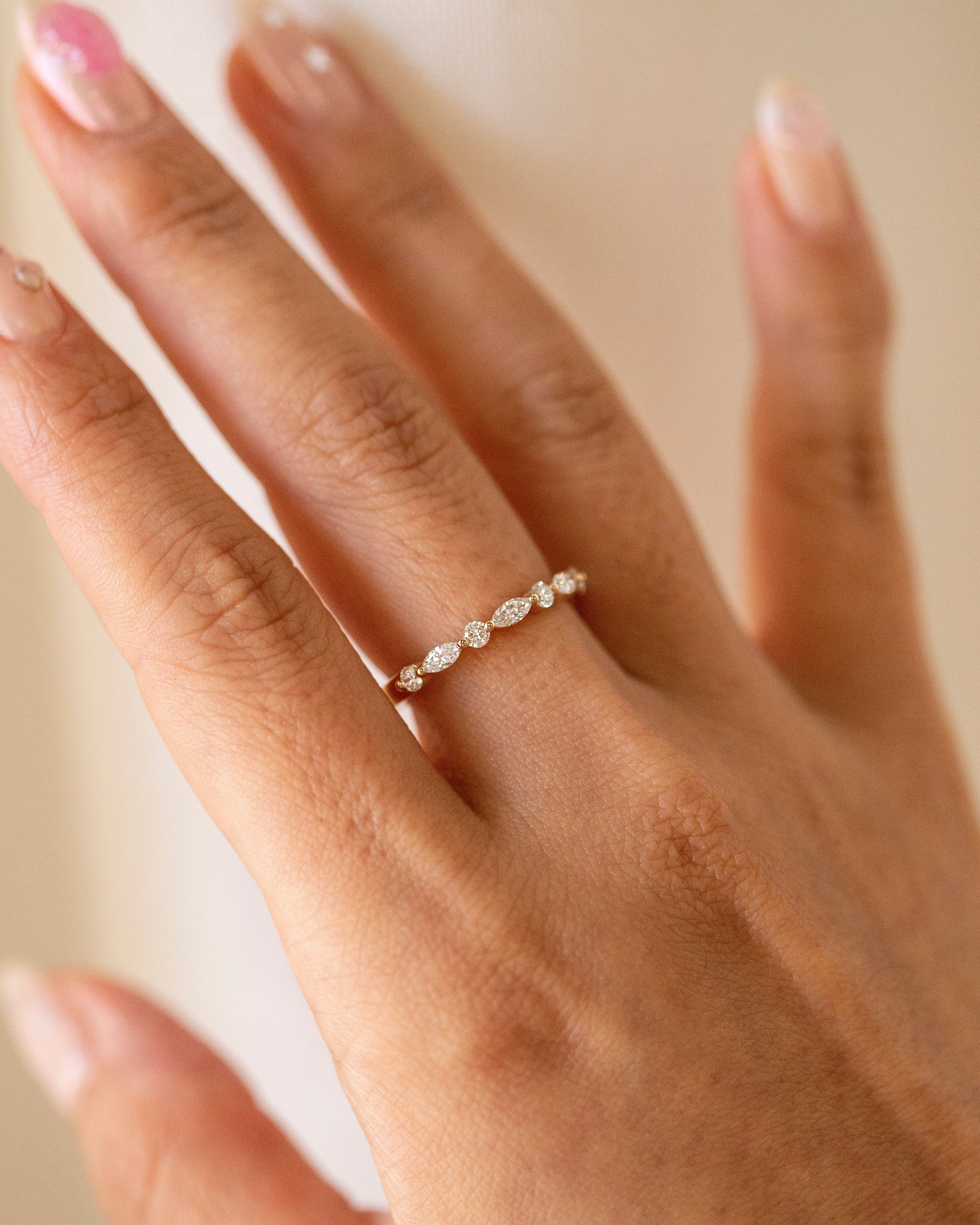 Marquise and Round Lab Diamond Band, 14k Gold Half Eternity Stacking Ring, Delicate Wedding Band for Her - Image 3