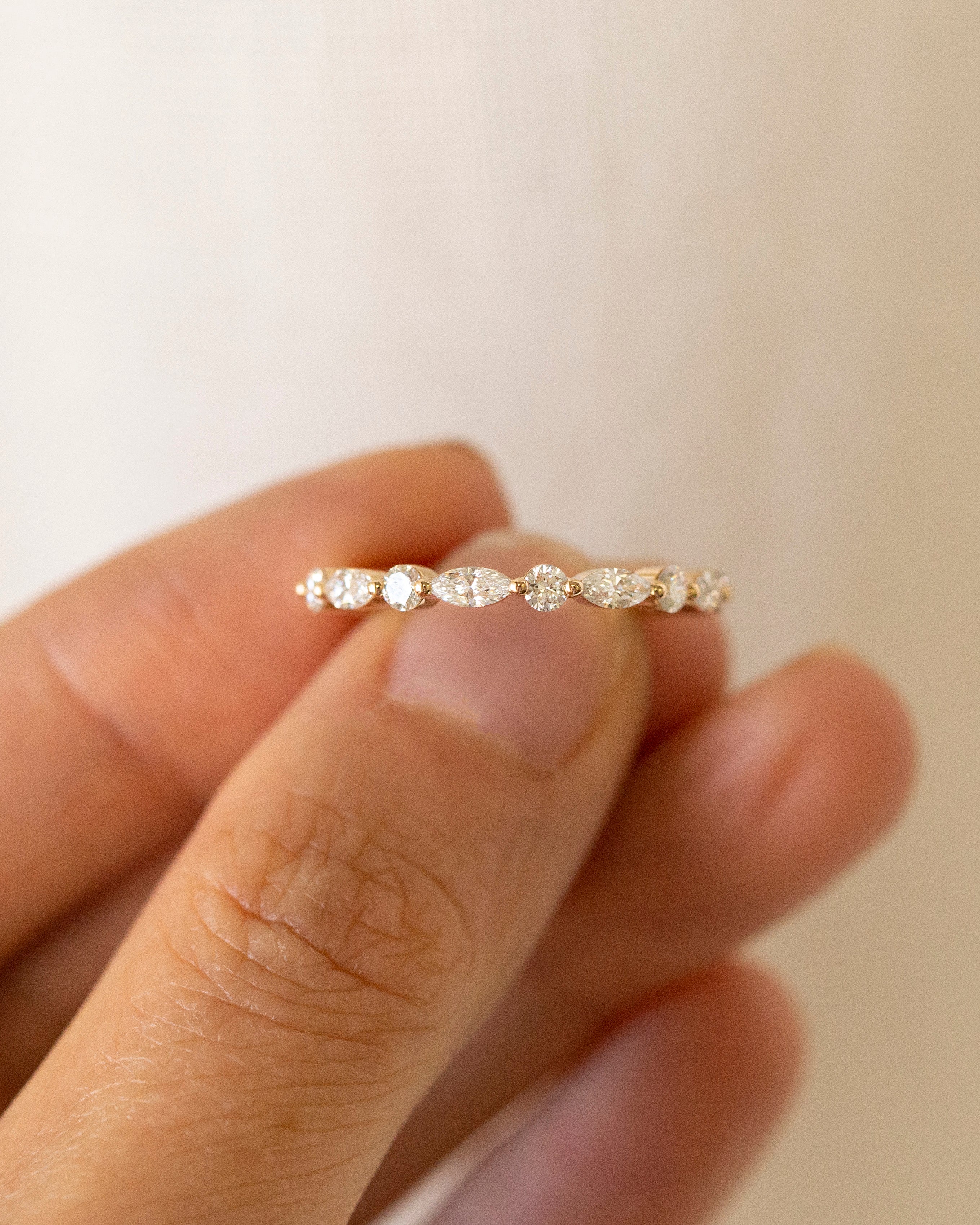 Marquise and Round Lab Diamond Band, 14k Gold Half Eternity Stacking Ring, Delicate Wedding Band for Her - Image 4