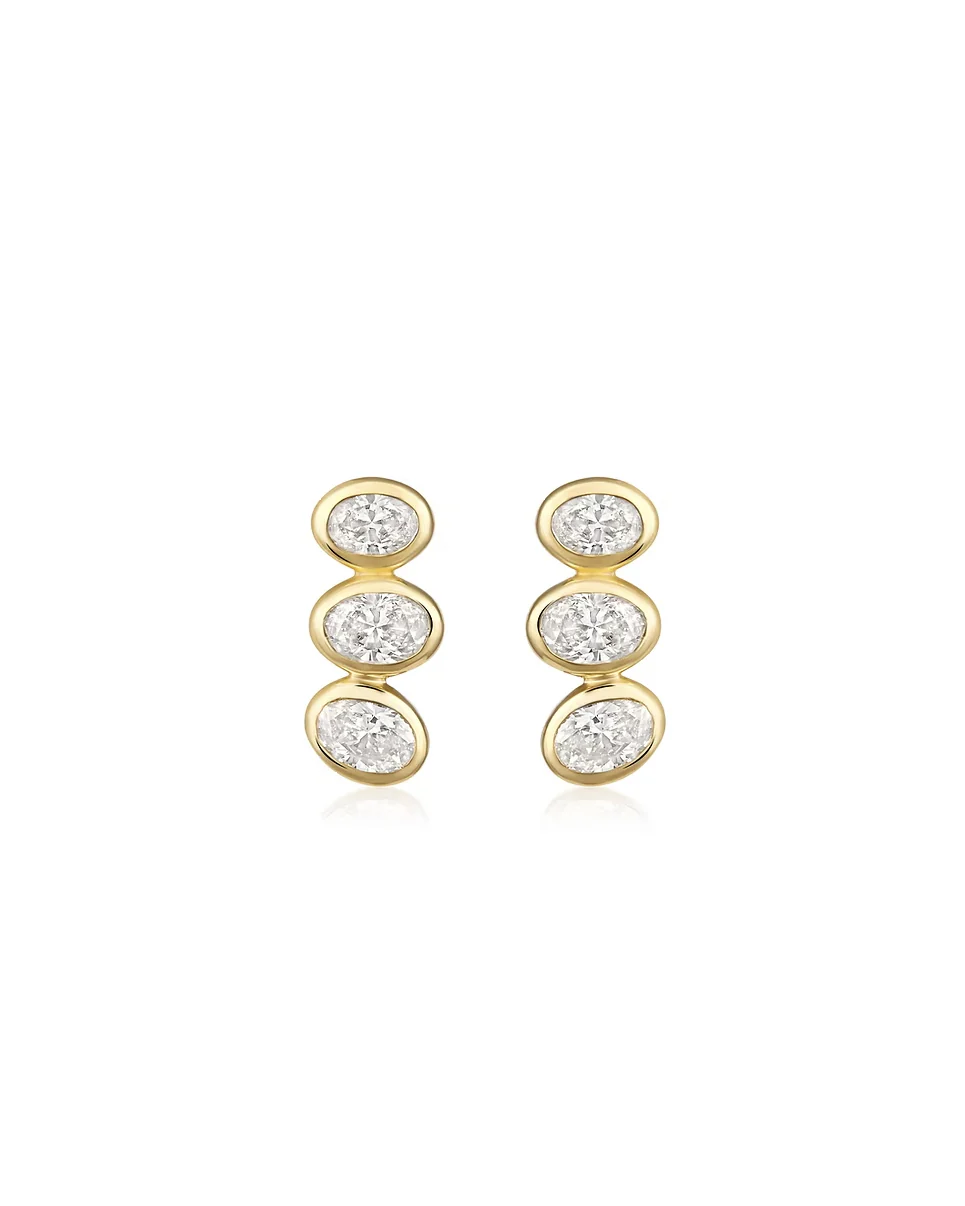 Natural Diamond Bezel Three-Stone Stud Earrings