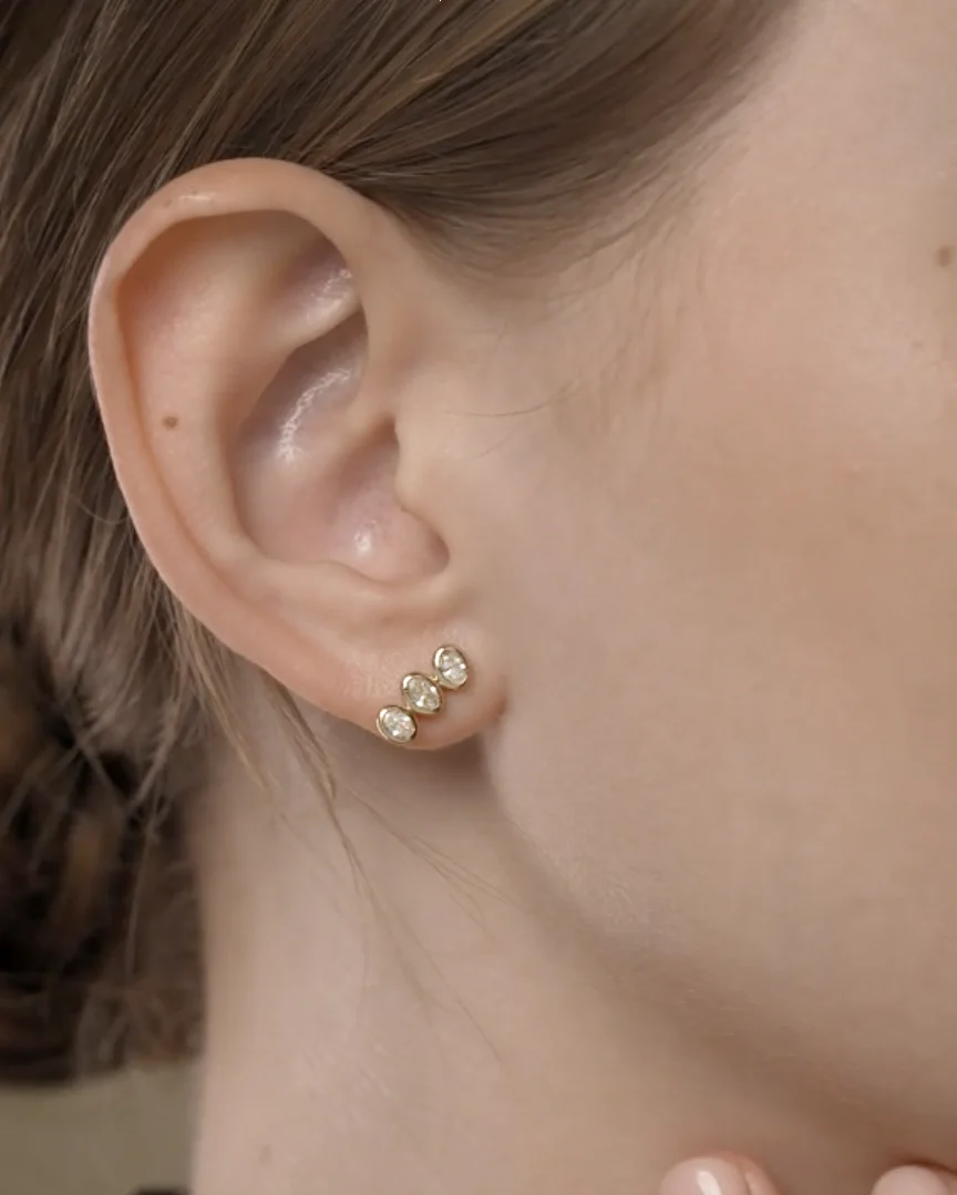 Natural Diamond Bezel Three-Stone Stud Earrings - Image 2