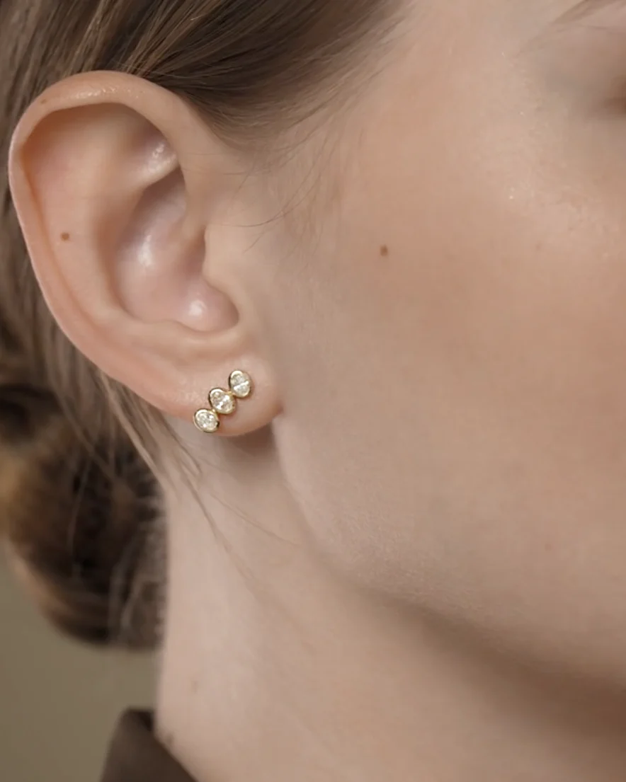 Natural Diamond Bezel Three-Stone Stud Earrings - Image 3