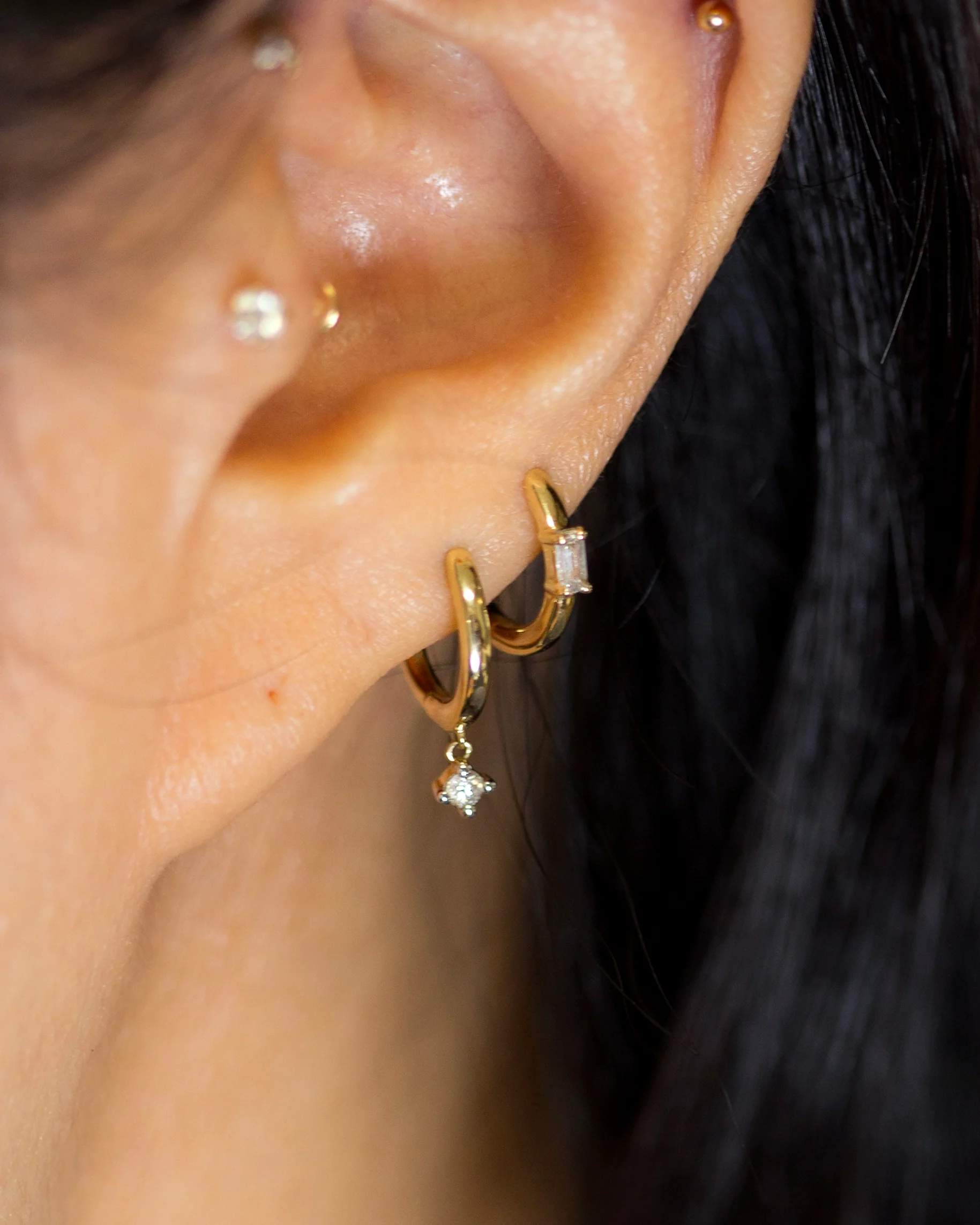 Petite Diamond Dangling Hoop Huggie Earrings - Image 4