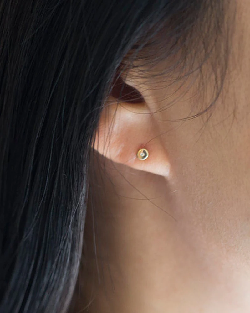 14k Round Stud Earrings with CZ diamond accent - Image 2
