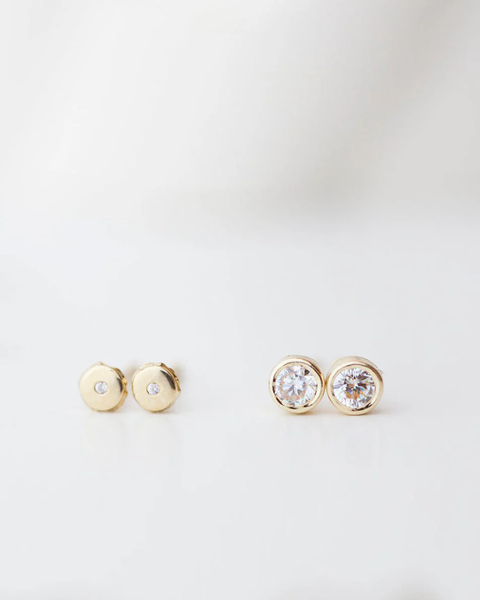 14k Round Stud Earrings with CZ diamond accent - Image 7